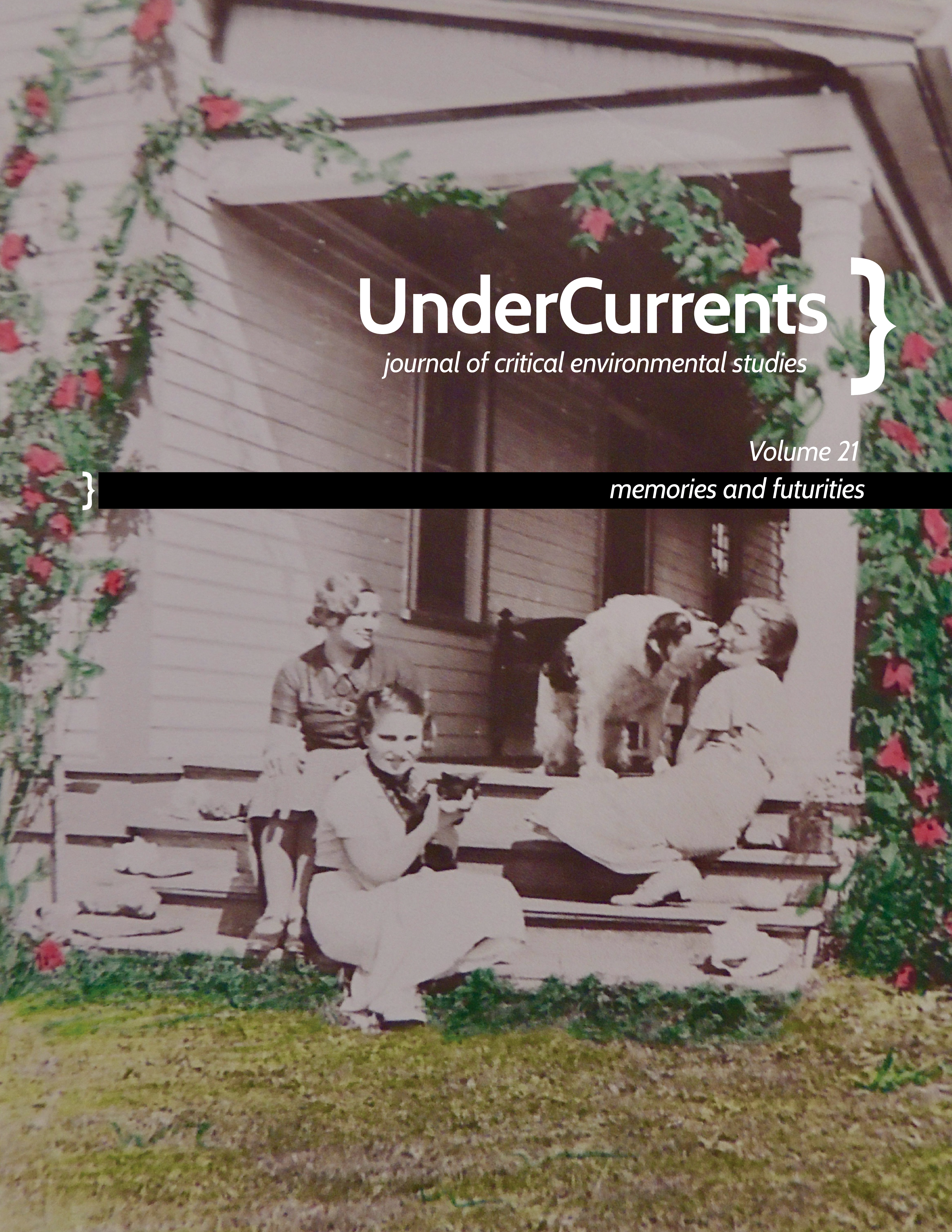 Our Home on Native Land by Kelly King. Three women, a dog, and a cat sit on steps outside of an old house. They are coloured in sepia. Vines of s’gepn—the wild potato plant—climb the sides of the house, coloured in green with the flowers in pink. The grass in front of them women has also been coloured in green.